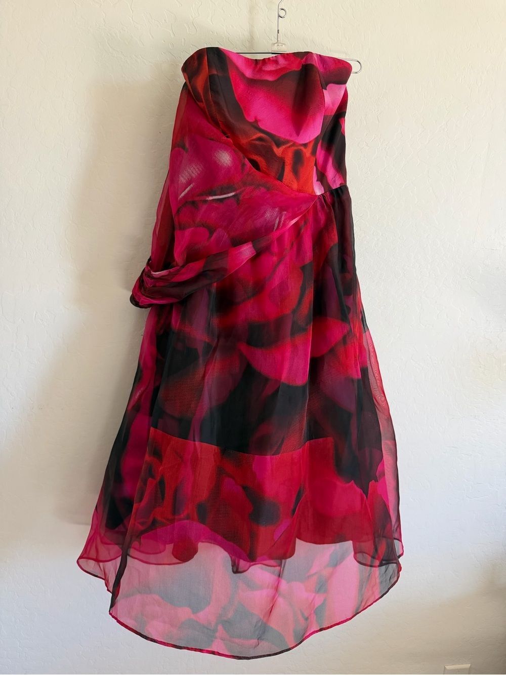 Tracy Reese Magenta Rose Print Strapless High-Low Organza Dress XS